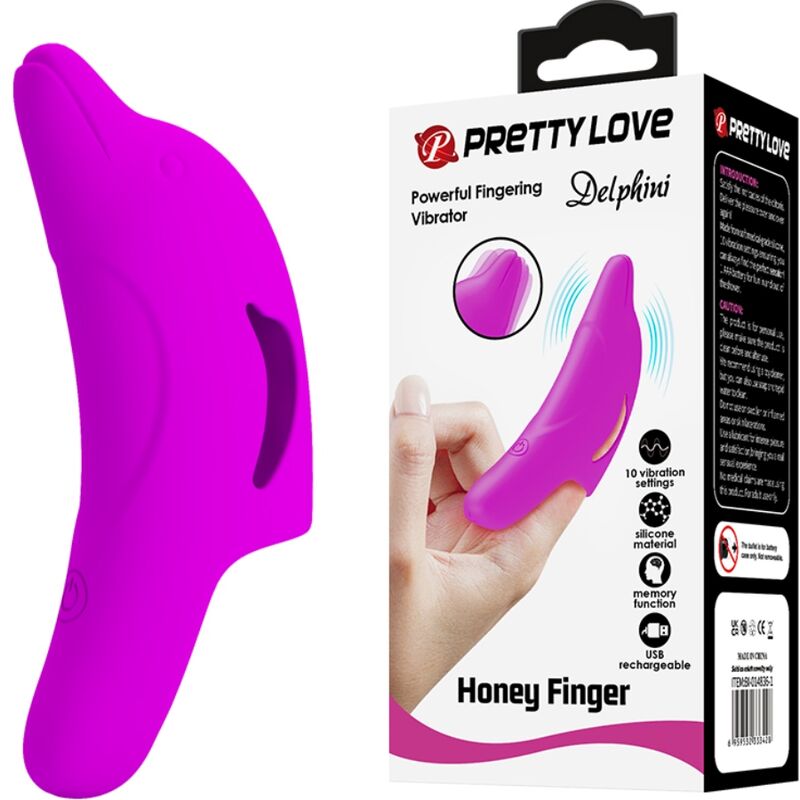 Close-up do Pretty Love Estimulador de Dedo Vibratório Delphini Roxo, destacando o design ergonómico e a ponta texturizada.