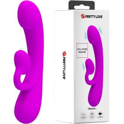 Vista detalhada do vibrador rabbit PRETTY LOVE Sincero de silicone roxo com sucção clitoriana.
