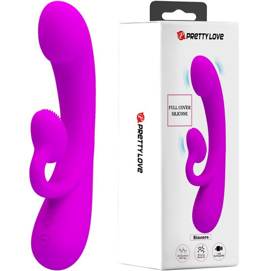 Vista detalhada do vibrador rabbit PRETTY LOVE Sincero de silicone roxo com sucção clitoriana.