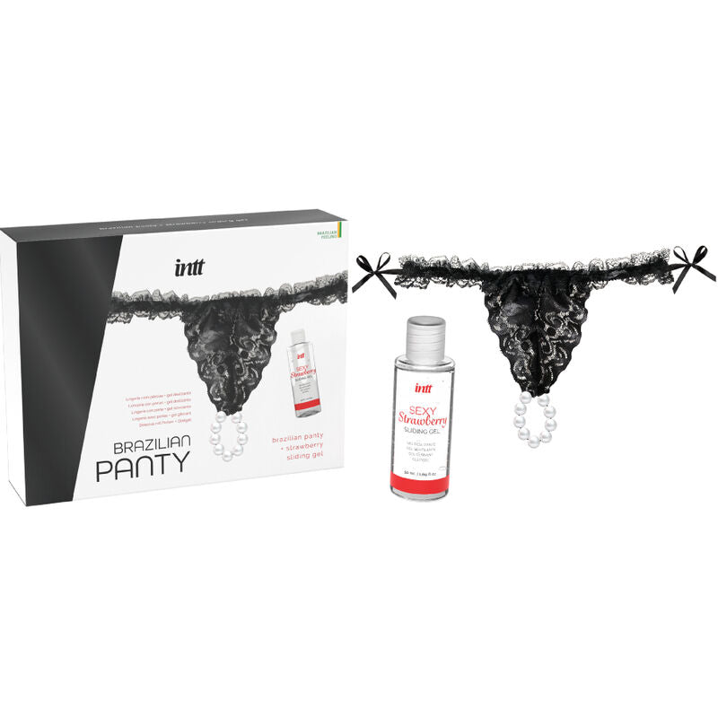 Detalhe da Calça Brasileira INTT com Pérolas e Gel Lubrificante Morango 50 ML, mostrando a lingerie sensual e o lubrificante.
