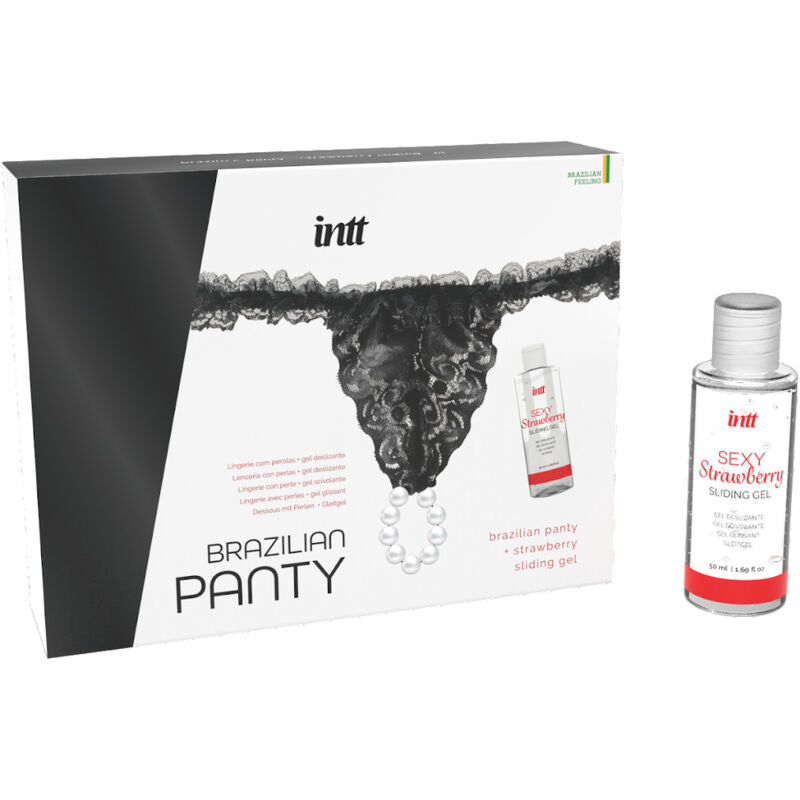 Detalhe da Calça Brasileira INTT com Pérolas e Gel Lubrificante Morango 50 ML, mostrando a lingerie sensual e o lubrificante.