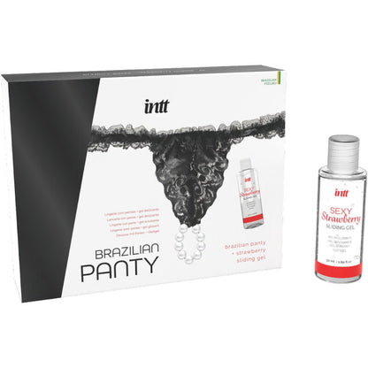 Detalhe da Calça Brasileira INTT com Pérolas e Gel Lubrificante Morango 50 ML, mostrando a lingerie sensual e o lubrificante.