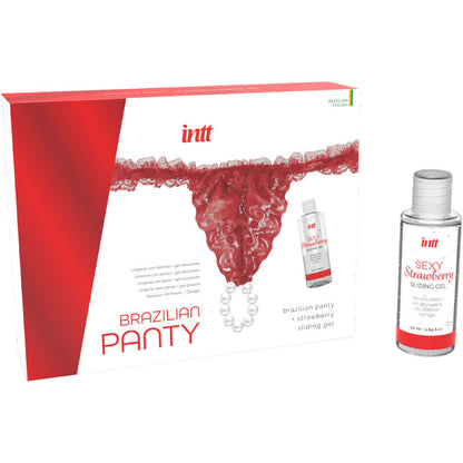 INTT Tanga Brasileira Vermelha com Pérolas e Gel Lubrificante Morango 50ml, detalhe da renda e das pérolas