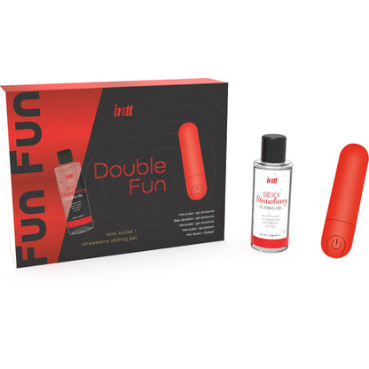 Close-up of the INTT Kit Duplo Fun with Bullet Vibrator and Strawberry Massage Gel, showing the vibrator's smooth ABS material and the gel bottle.
