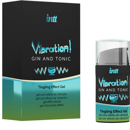 INTT Estimulante Íntimo Líquido Vibrador Gel Gin & Tônico 15ml, embalagem e textura do produto.
