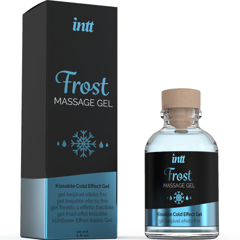 Frasco de INTT Gel de Massagem & Sexo Oral Menta Efeito Frio 30ml com tampa e rótulo, mostrando o design do produto.
