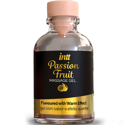 Embalagem e textura do INTT Gel de Massagem Maracujá Efeito Calor 30ml