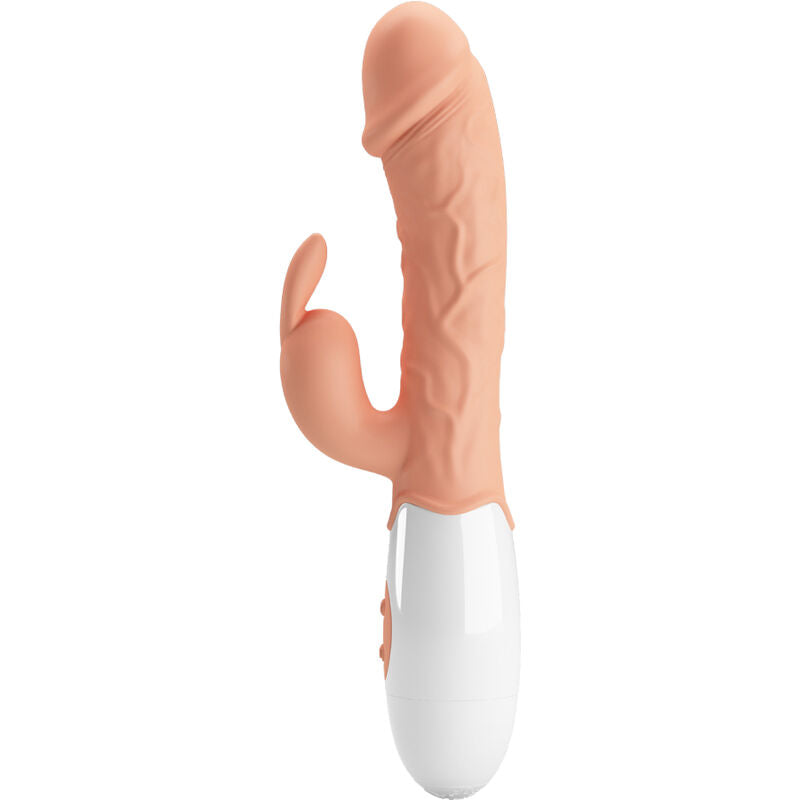 Vibrador Coelho PRETTY LOVE com estimulador clitoriano e ponta para ponto G, cor de carne.