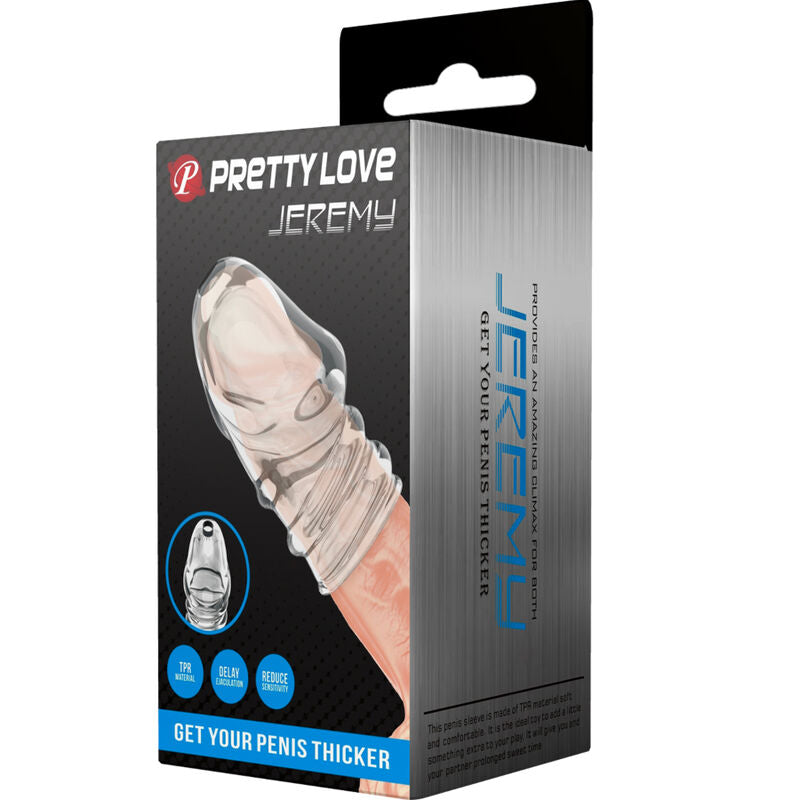 PRETTY LOVE Manga Espessante de Pénis Jeremy Transparente, feita de TPR suave e elástico.