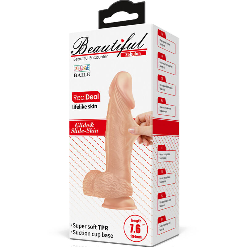 Close-up do Dildo Realista Flexível BAILE 19,4 cm mostrando sua textura, veias e base de sucção.