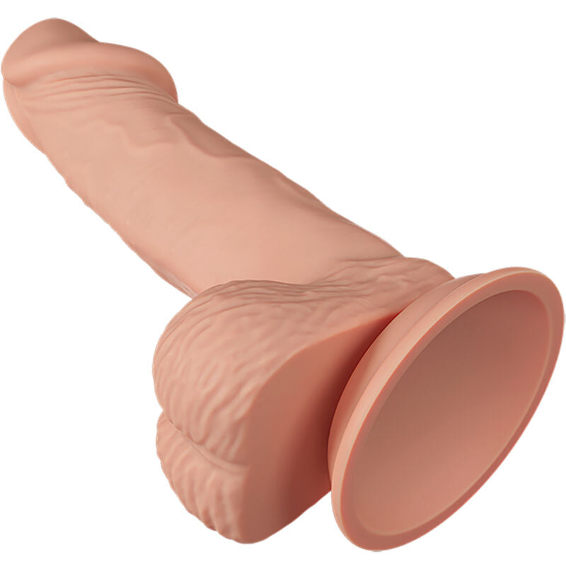 Close-up do Dildo Realista Flexível BAILE 19,4 cm mostrando sua textura, veias e base de sucção.