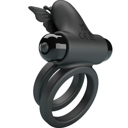 Anel vibrador duplo PRETTY LOVE com estimulador clitoriano, em silicone preto