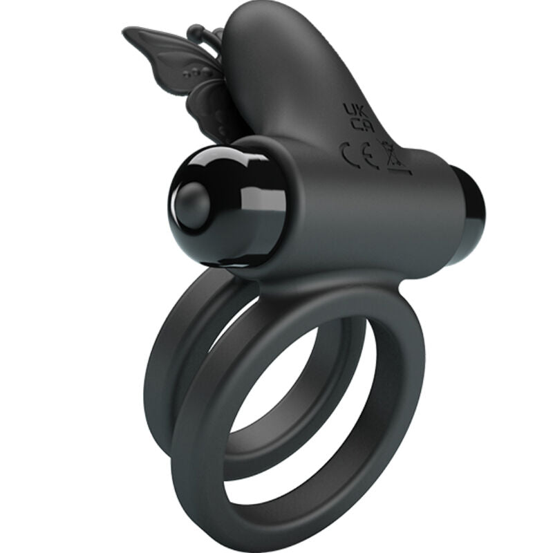 Anel vibrador duplo PRETTY LOVE com estimulador clitoriano, em silicone preto