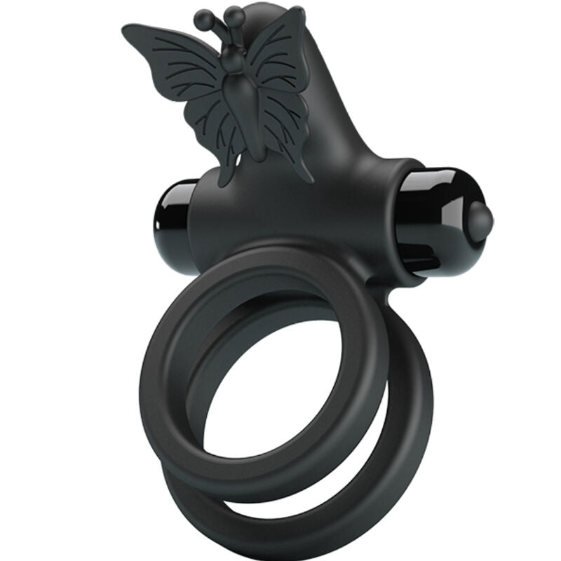Anel vibrador duplo PRETTY LOVE com estimulador clitoriano, em silicone preto
