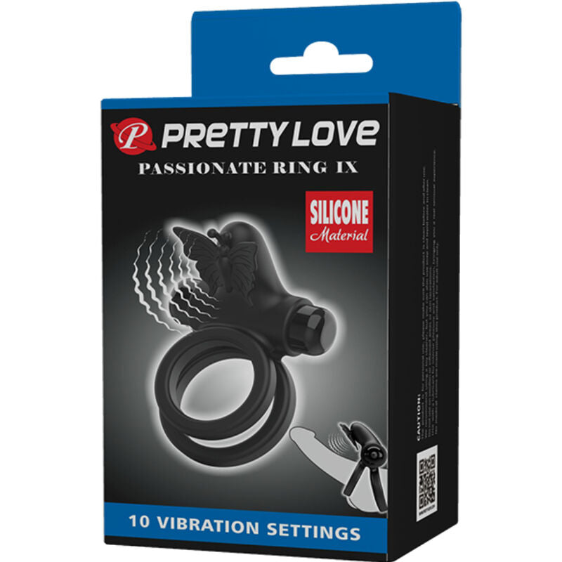 Anel vibrador duplo PRETTY LOVE com estimulador clitoriano, em silicone preto
