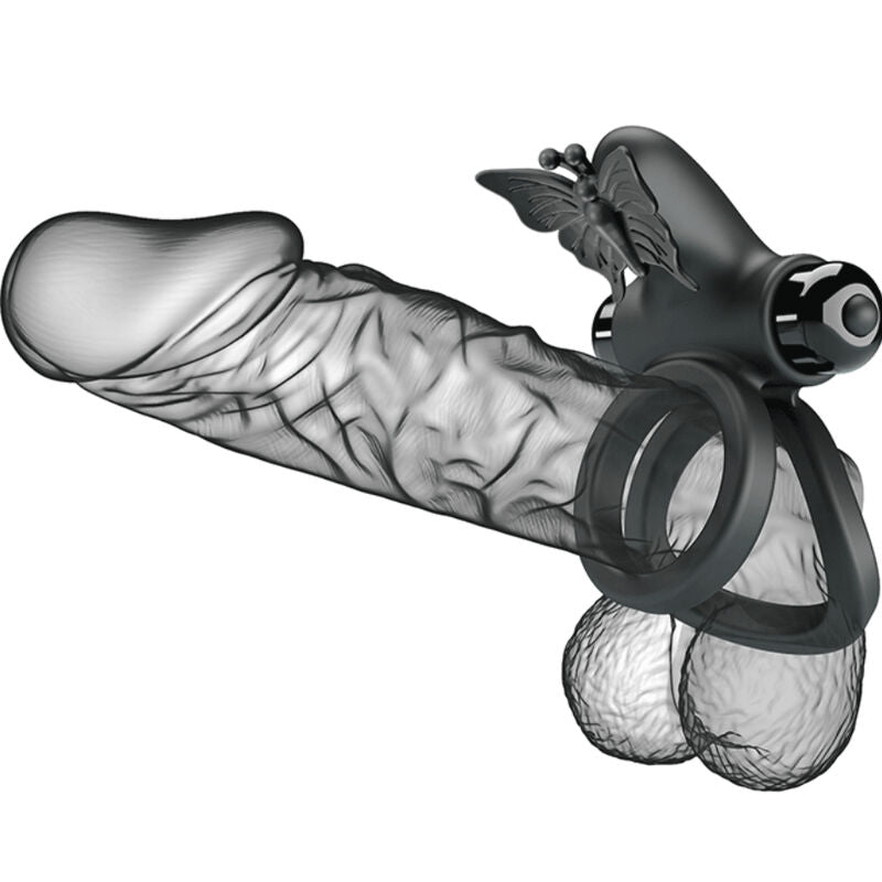 Anel vibrador duplo PRETTY LOVE com estimulador clitoriano, em silicone preto