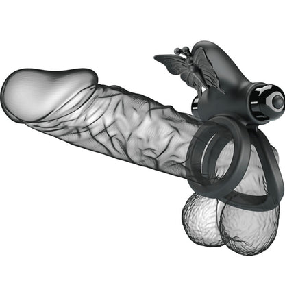 Anel vibrador duplo PRETTY LOVE com estimulador clitoriano, em silicone preto