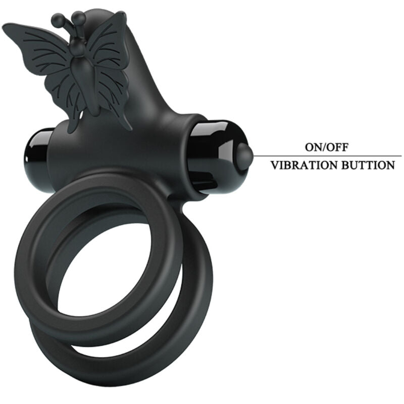 Anel vibrador duplo PRETTY LOVE com estimulador clitoriano, em silicone preto