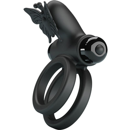 Anel vibrador duplo PRETTY LOVE com estimulador clitoriano, em silicone preto
