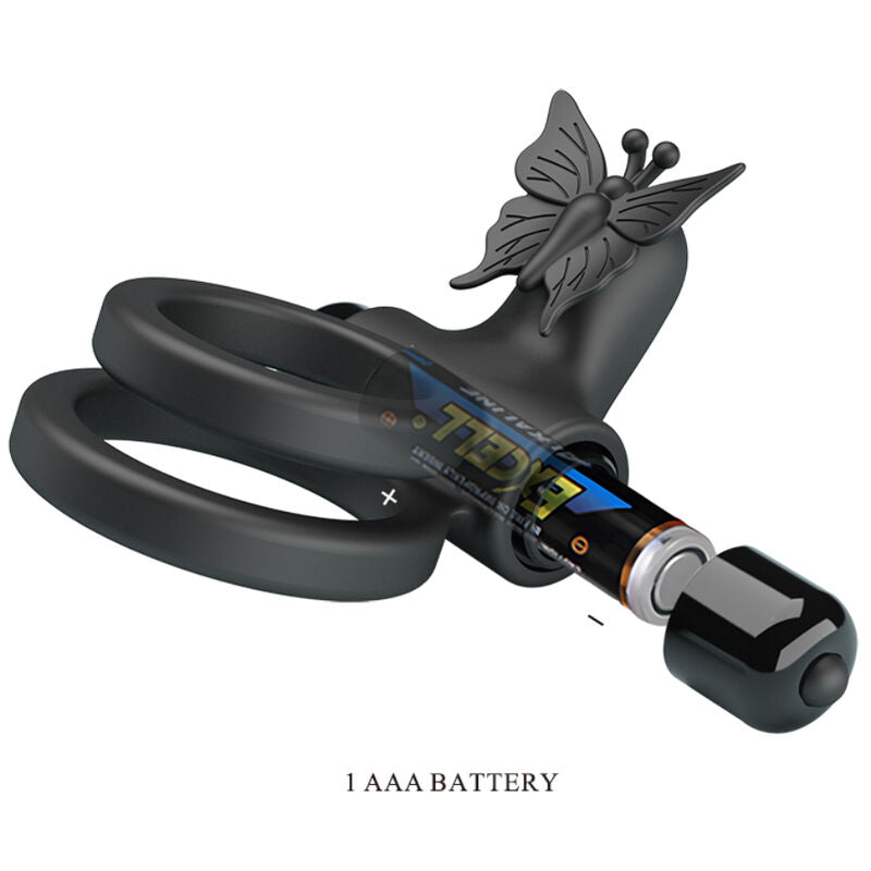 Anel vibrador duplo PRETTY LOVE com estimulador clitoriano, em silicone preto