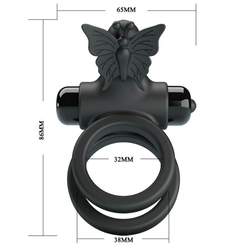 Anel vibrador duplo PRETTY LOVE com estimulador clitoriano, em silicone preto