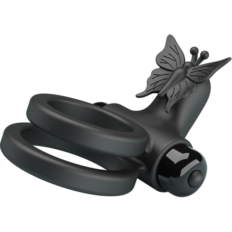 Anel vibrador duplo PRETTY LOVE com estimulador clitoriano, em silicone preto