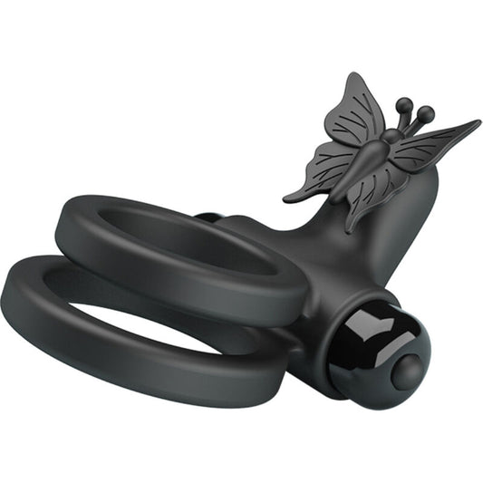 Anel vibrador duplo PRETTY LOVE com estimulador clitoriano, em silicone preto