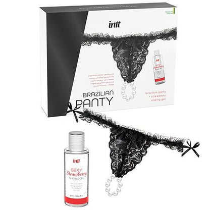 Detalhe da Calça Brasileira INTT com Pérolas e Gel Lubrificante Morango 50 ML, mostrando a lingerie sensual e o lubrificante.