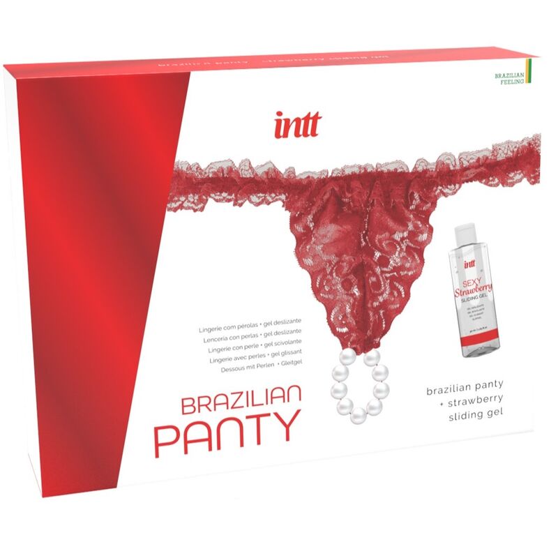 INTT Tanga Brasileira Vermelha com Pérolas e Gel Lubrificante Morango 50ml, detalhe da renda e das pérolas