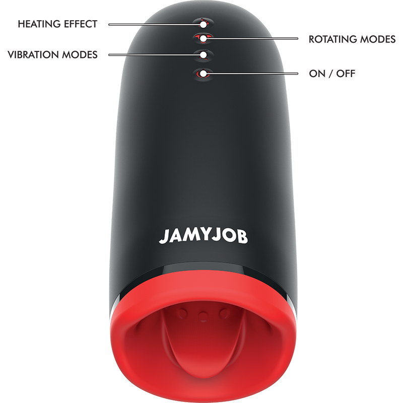 Close-up of the JAMYJOB Masturbador Masculino SPIN-X com Aquecimento e Rotação, showing its sleek black and red design and soft texture.