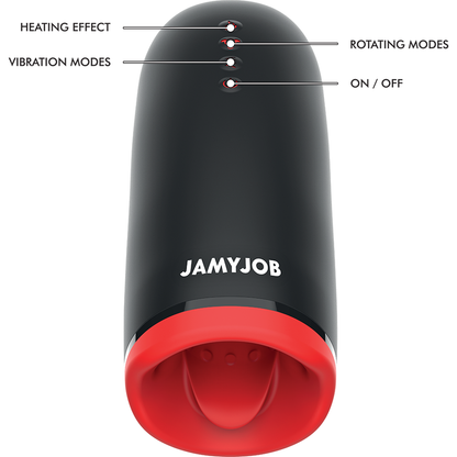 Close-up of the JAMYJOB Masturbador Masculino SPIN-X com Aquecimento e Rotação, showing its sleek black and red design and soft texture.