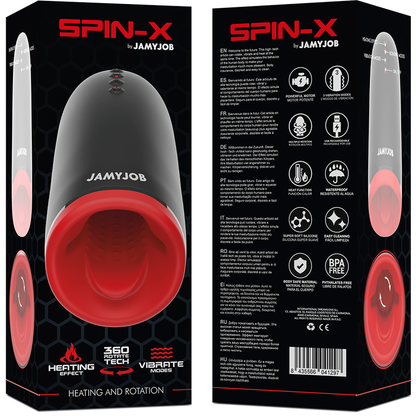 Close-up of the JAMYJOB Masturbador Masculino SPIN-X com Aquecimento e Rotação, showing its sleek black and red design and soft texture.