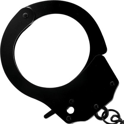 Algemas de metal pretas DARKNESS para bondage e BDSM, mostrando detalhes do acabamento e mecanismo de fecho.