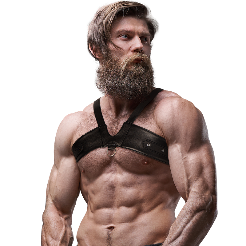 Arnês de peito masculino em couro ecológico FETISH SUBMISSIVE ATTITUDE, realçando o tronco e ombros.