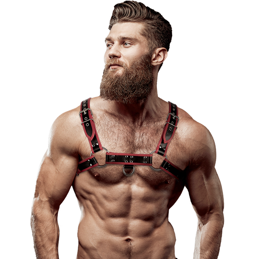Arnês de peitoral masculino FETISH em couro ecológico preto e vermelho, ajustável para um visual sedutor e poderoso.