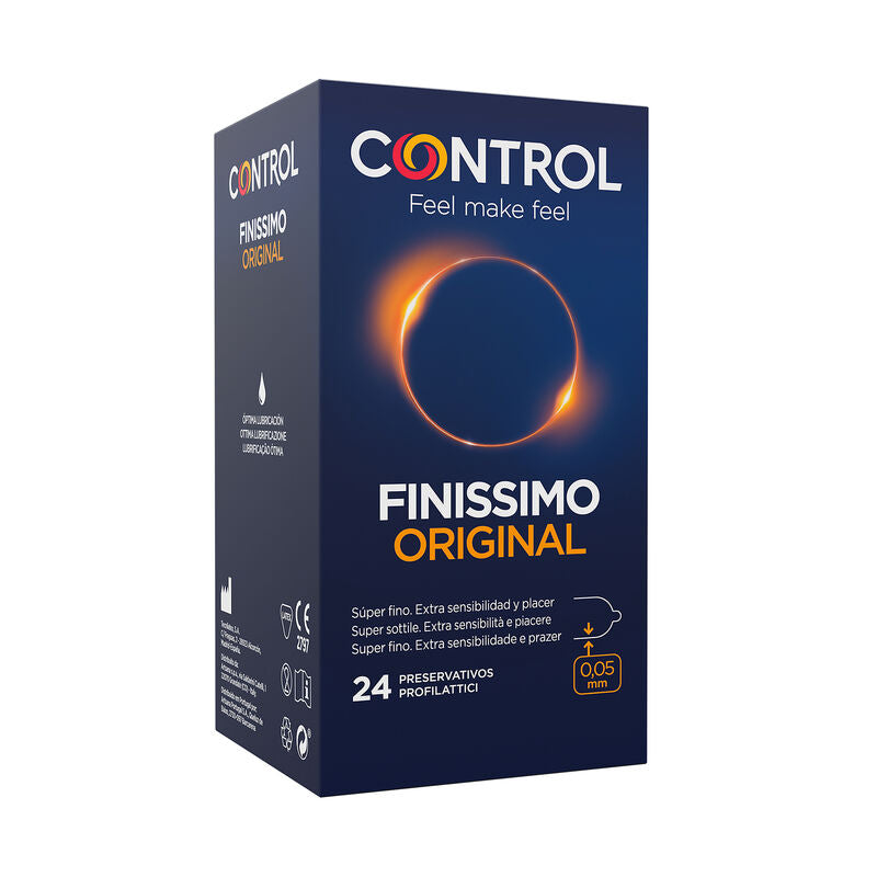 Detalhe da embalagem de CONTROL Preservativos Finíssimo 24 Unidades, destacando o design e a informação do produto.