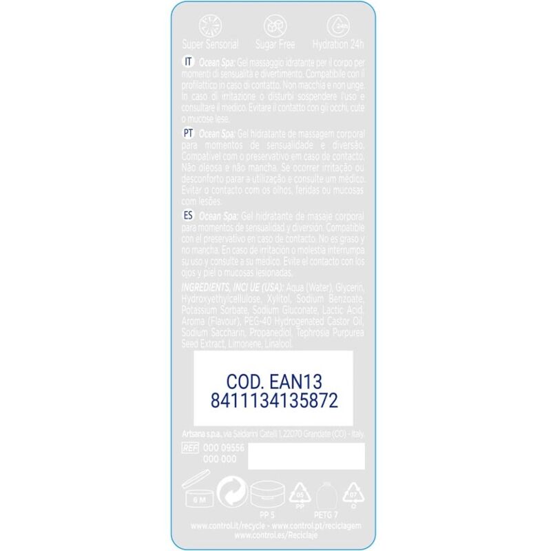 Embalagem do CONTROL Gel de Massagem & Prazer 2 em 1 Aroma Mar Mediterrâneo 200ml