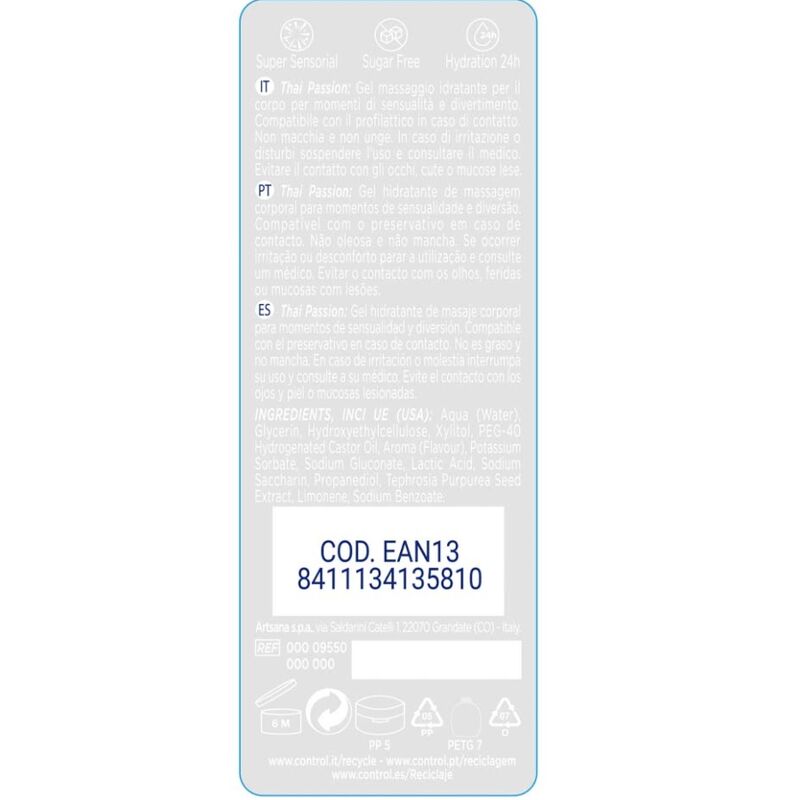 Embalagem do CONTROL Gel Massagem 2 em 1 Tailandês Paixão Estimulante 200 ML, destacando o design e a marca.