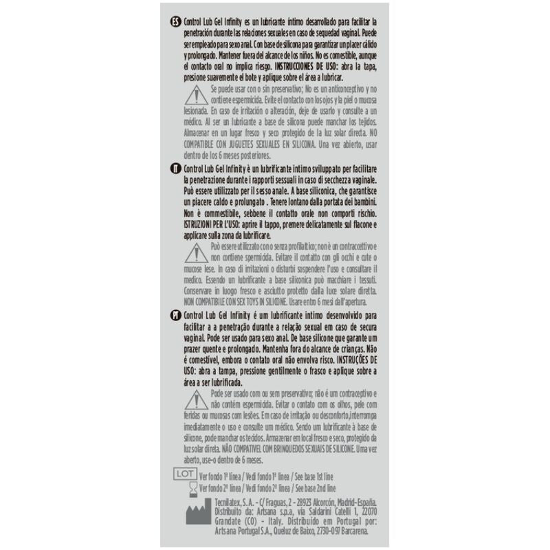 Detalhe do CONTROL Lubrificante Silicone Infinity 75ml, mostrando a embalagem e a textura do produto.