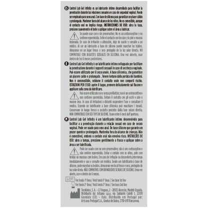 Detalhe do CONTROL Lubrificante Silicone Infinity 75ml, mostrando a embalagem e a textura do produto.