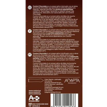Preservativos CONTROL Adapta Sabor Chocolate 12 Unidades, imagem de embalagem e produto.