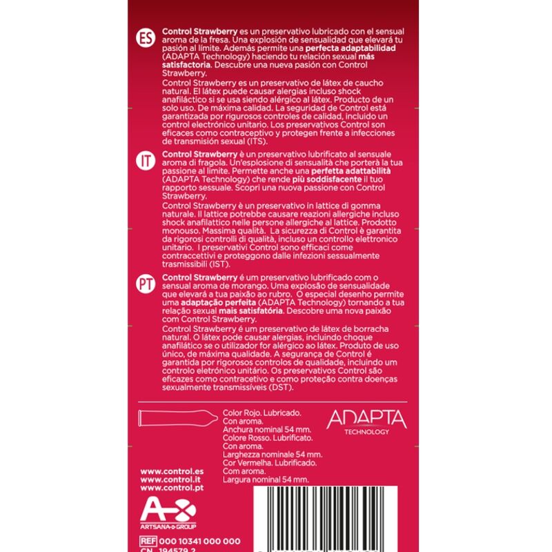 Embalagem de preservativos CONTROL Adapta Sabor Morango com 12 unidades, destacando o design e o sabor.