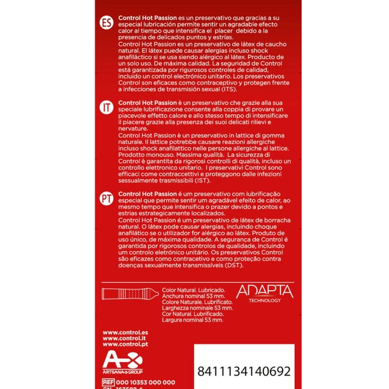 Embalagem do CONTROL Preservativo Efeito Aquecimento Paixão Quente 10 Unidades.