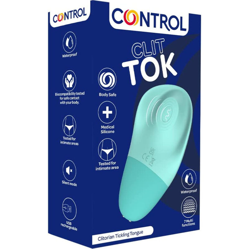Close-up do CONTROL Clit Tok Língua Estimuladora Recarregável, destacando seu design ergonômico e material de silicone.