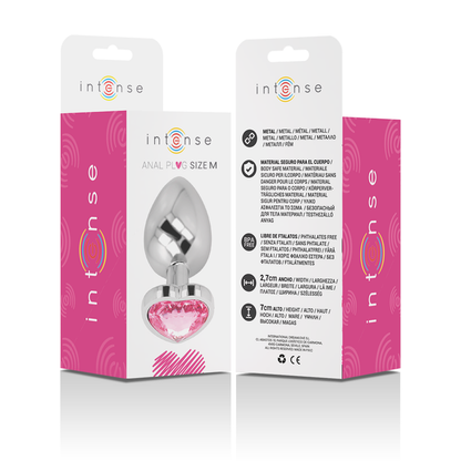 Close-up do Plug Anal Metálico Coração Rosa M Intense com joia de diamante, mostrando seu design luxuoso e material metálico.