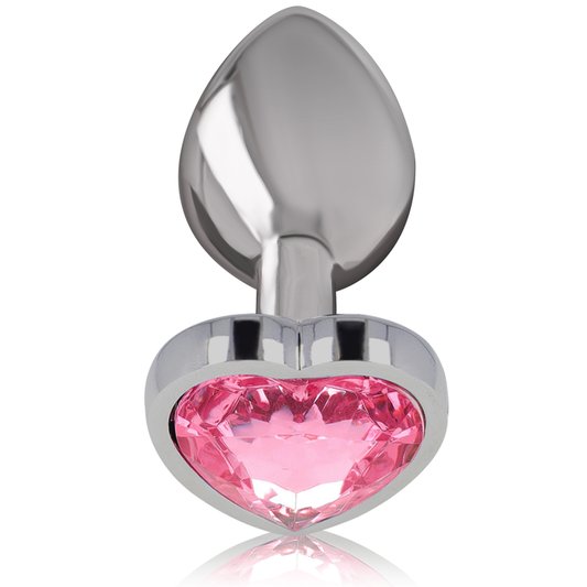 Plug Anal Intense de metal com coração rosa, detalhe da joia e material.