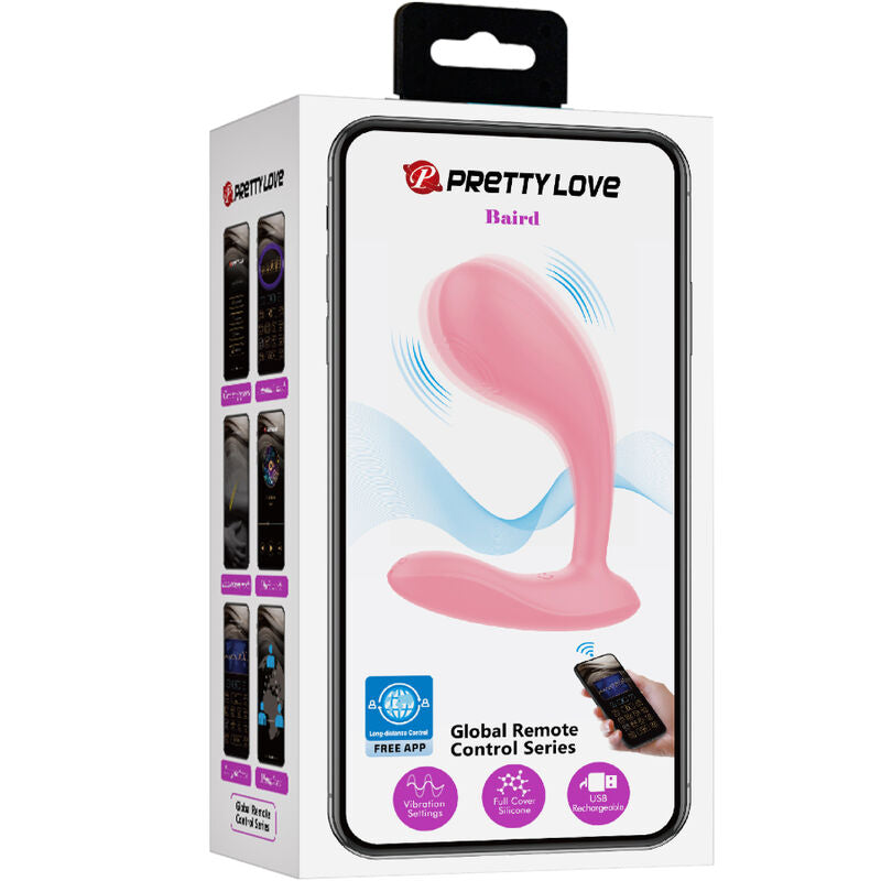Close-up do Vibrador Pretty Love Ponto G Baird Recarregável App Rosa, destacando a textura de silicone suave e a forma ergonómica.