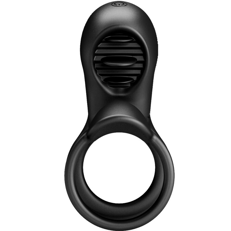Close-up da Bainha de Pénis Vibratória PRETTY LOVE Jammy, mostrando o design de anel triplo e a língua de silicone.