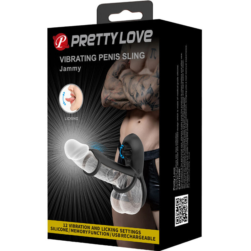 Close-up da Bainha de Pénis Vibratória PRETTY LOVE Jammy, mostrando o design de anel triplo e a língua de silicone.