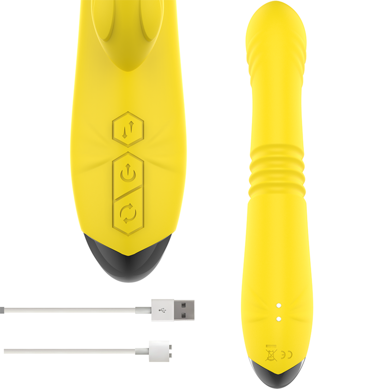 Vibrador multifunções INTENSE Toky amarelo com movimento cima/baixo e estimulador clitoriano, para prazer intenso.